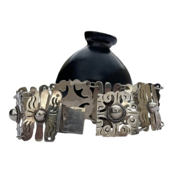 Vintage Mexican Sterling Silver Large 8 Glyph Panel Link Bracelet - Picture 8 of 11